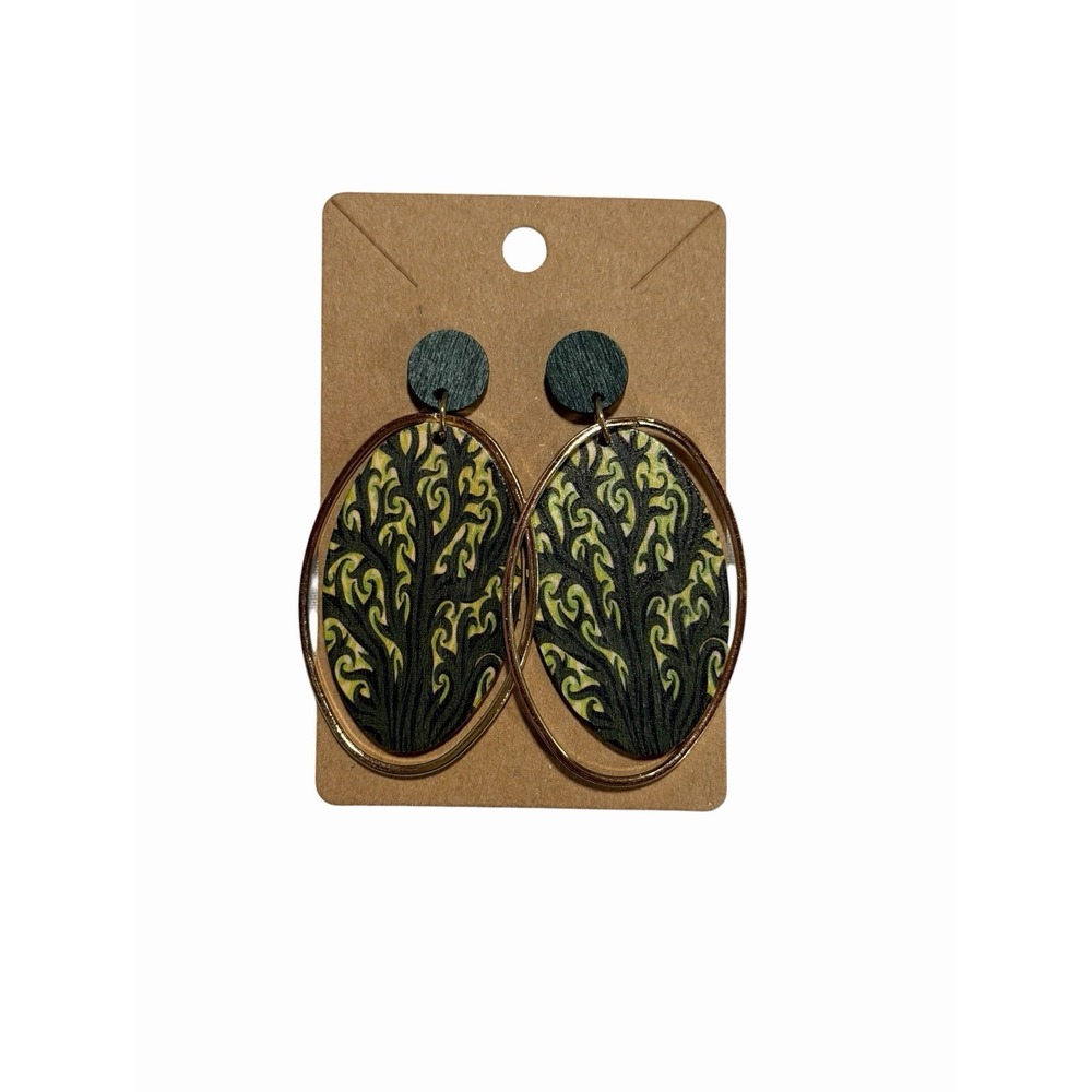 Boho Wood Tree Motif Oval Drop Earrings Rose Gold Tone Black Green Stud
